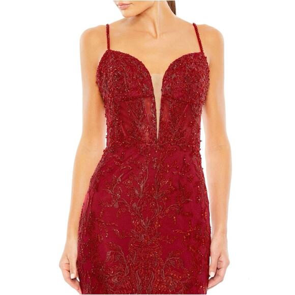 NWT MAC DUGGAL Red Embellished Plunge Neck Illusion Mermaid Gown Women’s - Picture 2 of 14